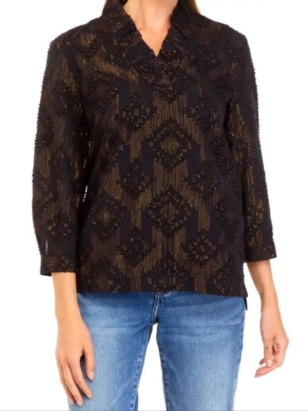 Crown & Ivy Black And Gold Ruffle Neck 3/4 Sleeve Tunic Blouse New With Tags